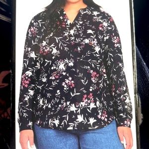 Floral Print Ladies Blouse Quarter Button Long Sleeve Top Hilary Radley 2X New